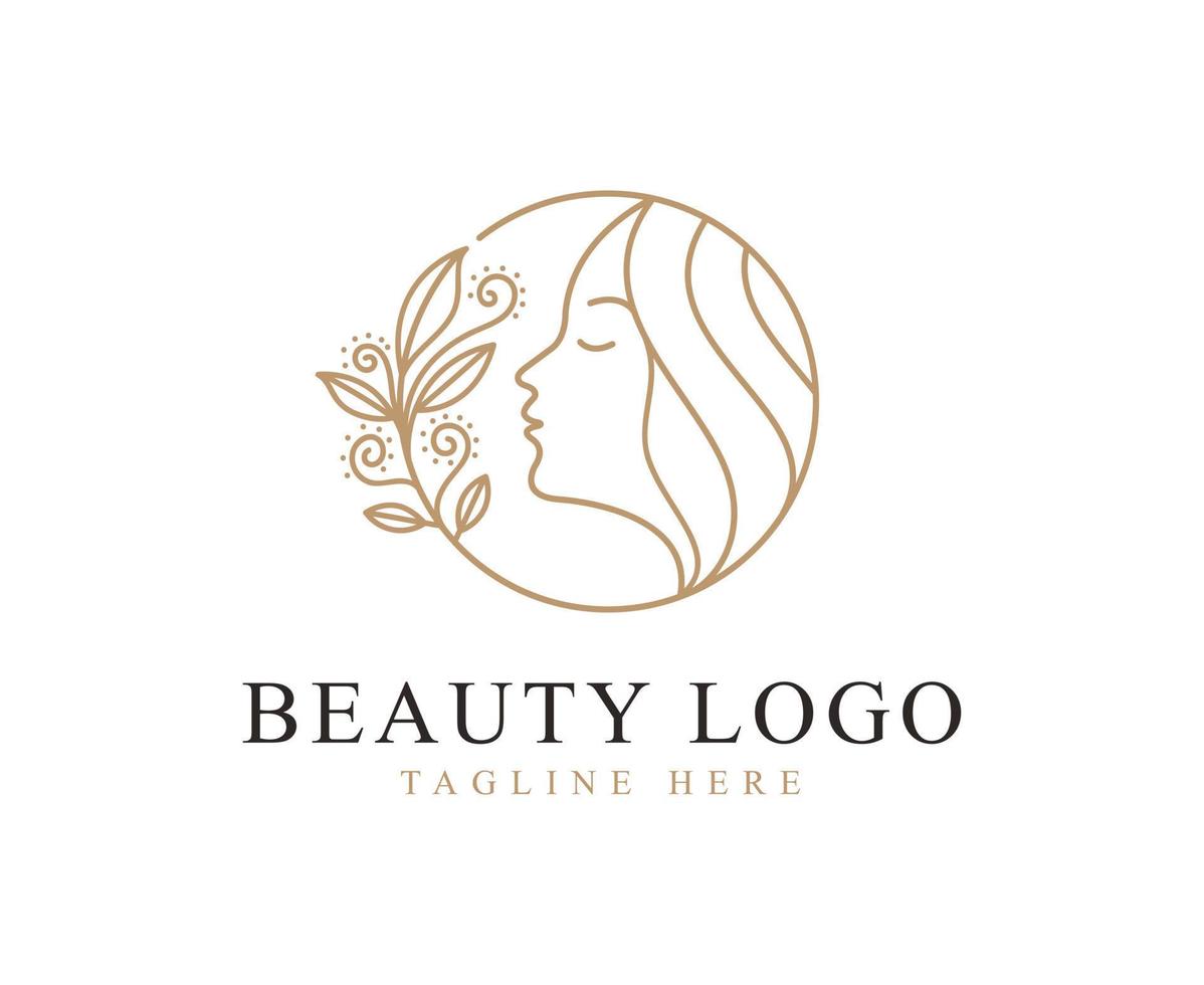 logotipo de beleza com cabeça de mulher dentro do círculo e vetor de design de flores florais de folha