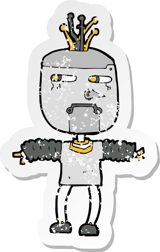 adesivo retrô angustiado de um robô de desenho animado vetor