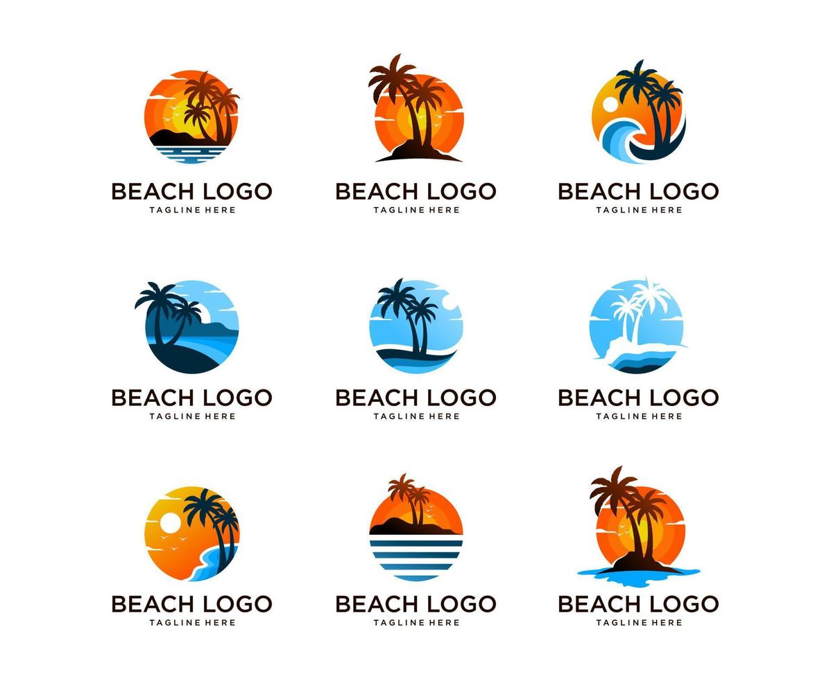 conjunto de logotipo de praia com modelo de vetor de design de logotipo de montanha, sol e palmeira