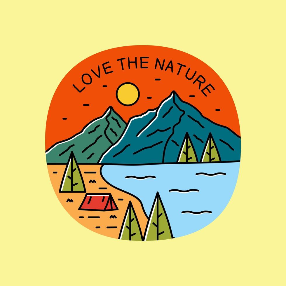 amo a natureza, acampar no lago e design de montanha para crachá, adesivo, patch, design de camiseta, etc vetor