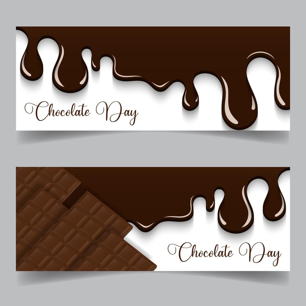 design de banner de mídia social do dia do chocolate, com chocolate derretido e barras de chocolate para publicidade em mídia social vetor