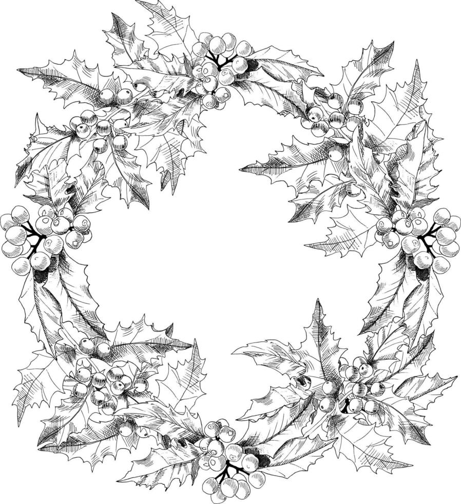 grinalda floral elegante com ramos de azevinho. modelo de convite de casamento, salve a data, saudação, pôster e design de capa. ilustração vetorial em camadas. vetor