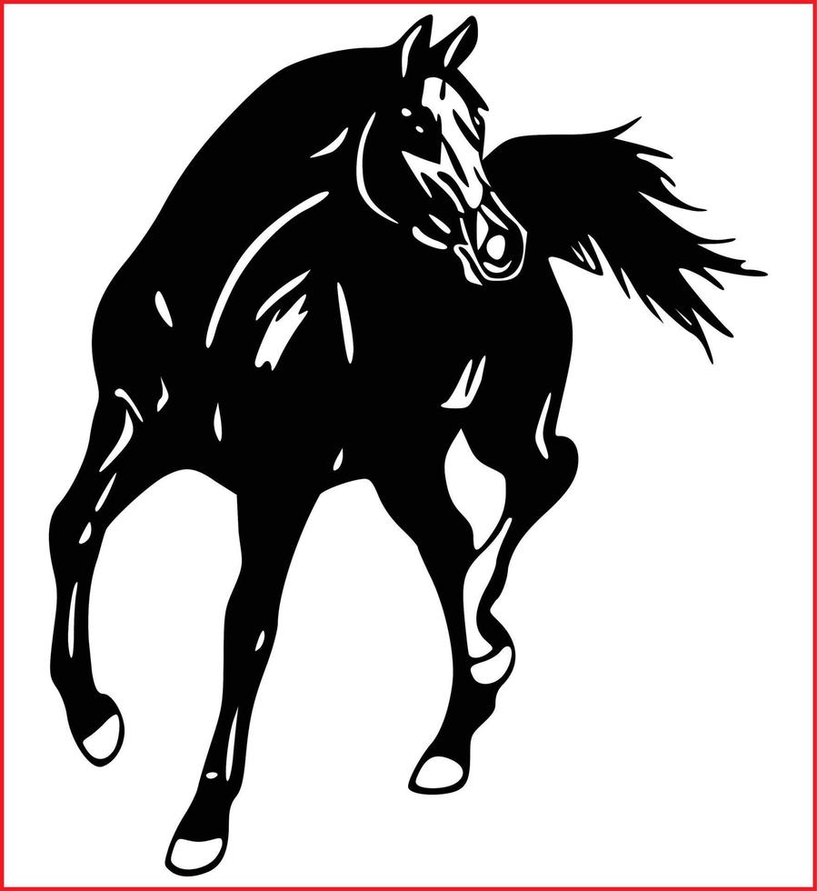 silhueta preta cavalo selvagem ou animal doméstico correndo com a cabeça olha para trás desenho de desenho animado ilustração vetorial plana isolada em fundo branco - vetor