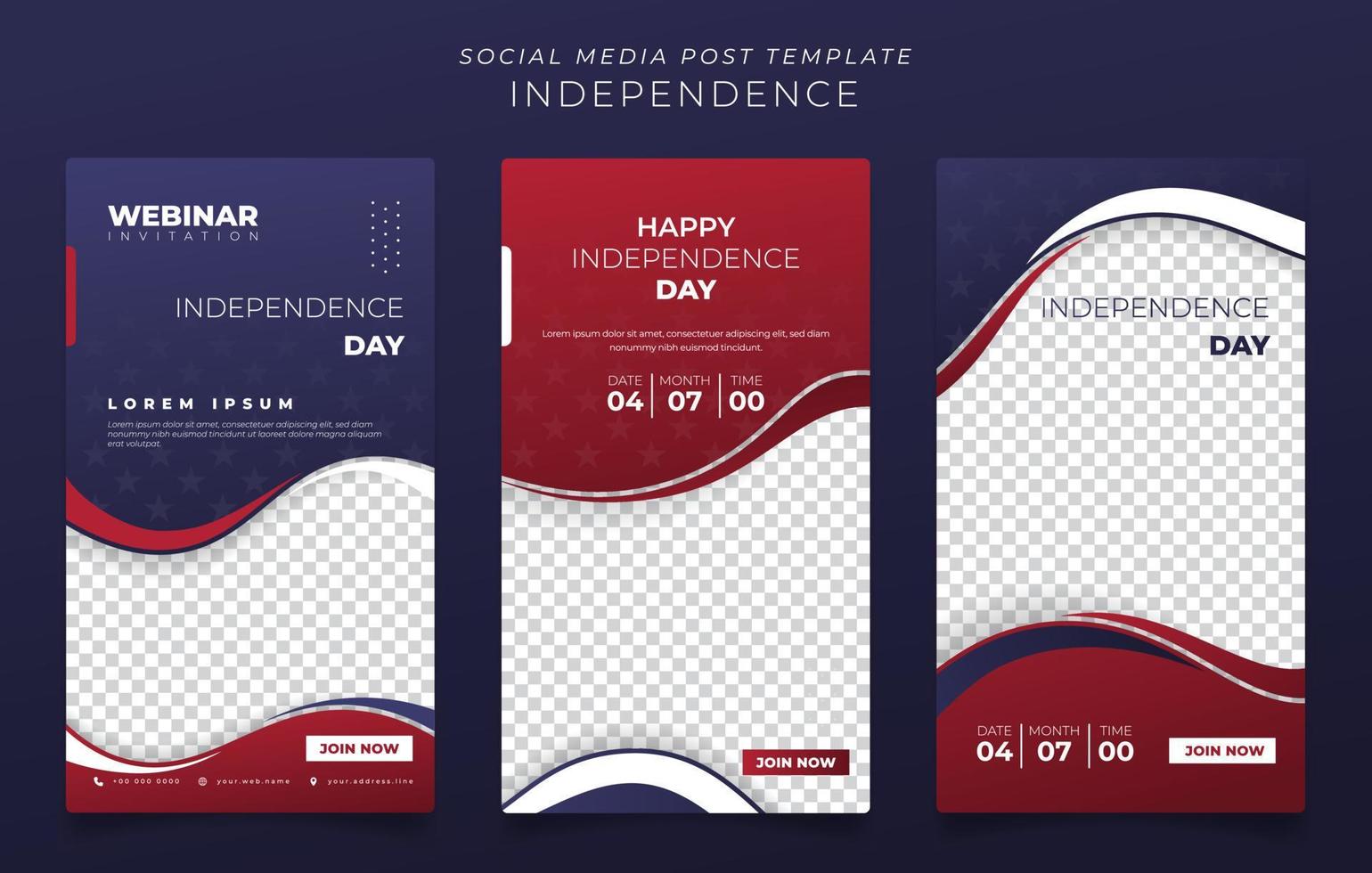 conjunto de modelo de postagem de mídia social com forma vermelha azul acenando para o design do dia da independência vetor