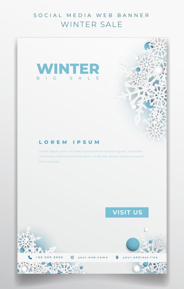 banner de retrato branco com flocos de neve para design de dia de inverno vetor