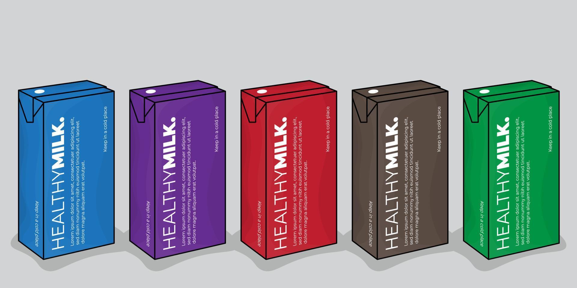 modelo de embalagem em design de caixa para suco ou leite com design de escolha multicolorida vetor