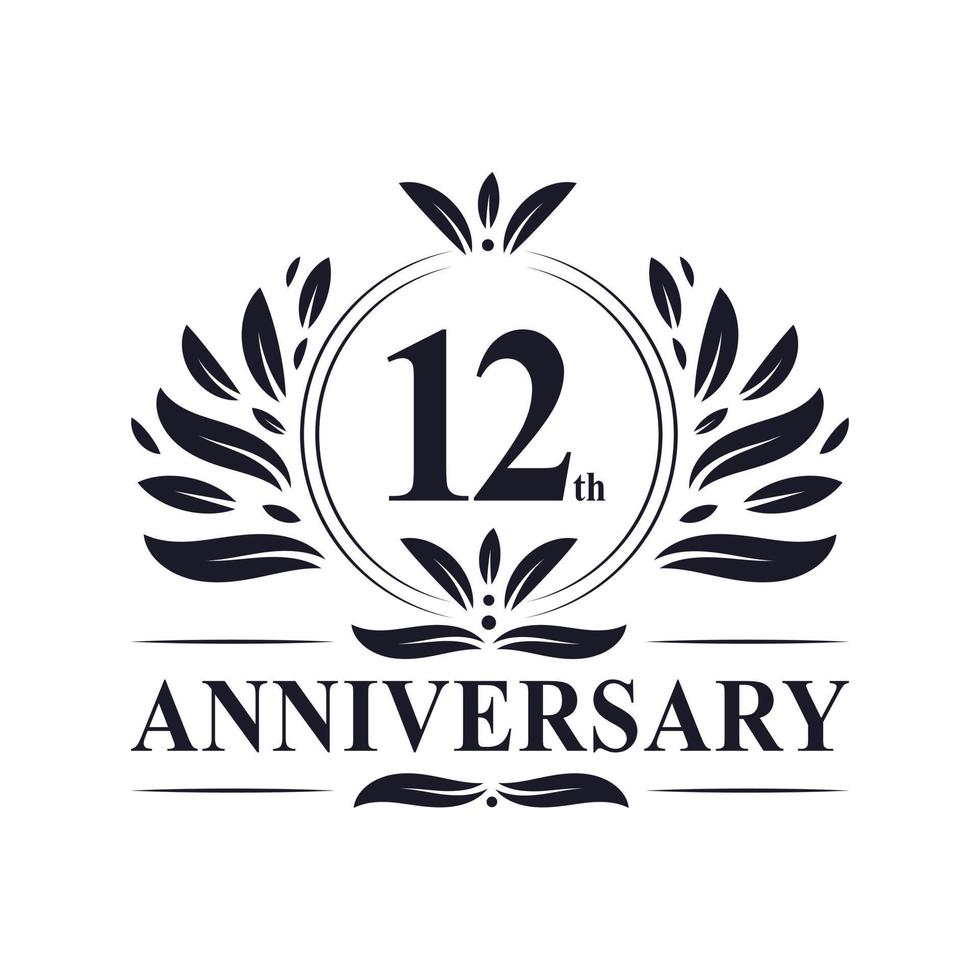 Celebração do 12º aniversário, design luxuoso do logotipo do aniversário de 12 anos. vetor
