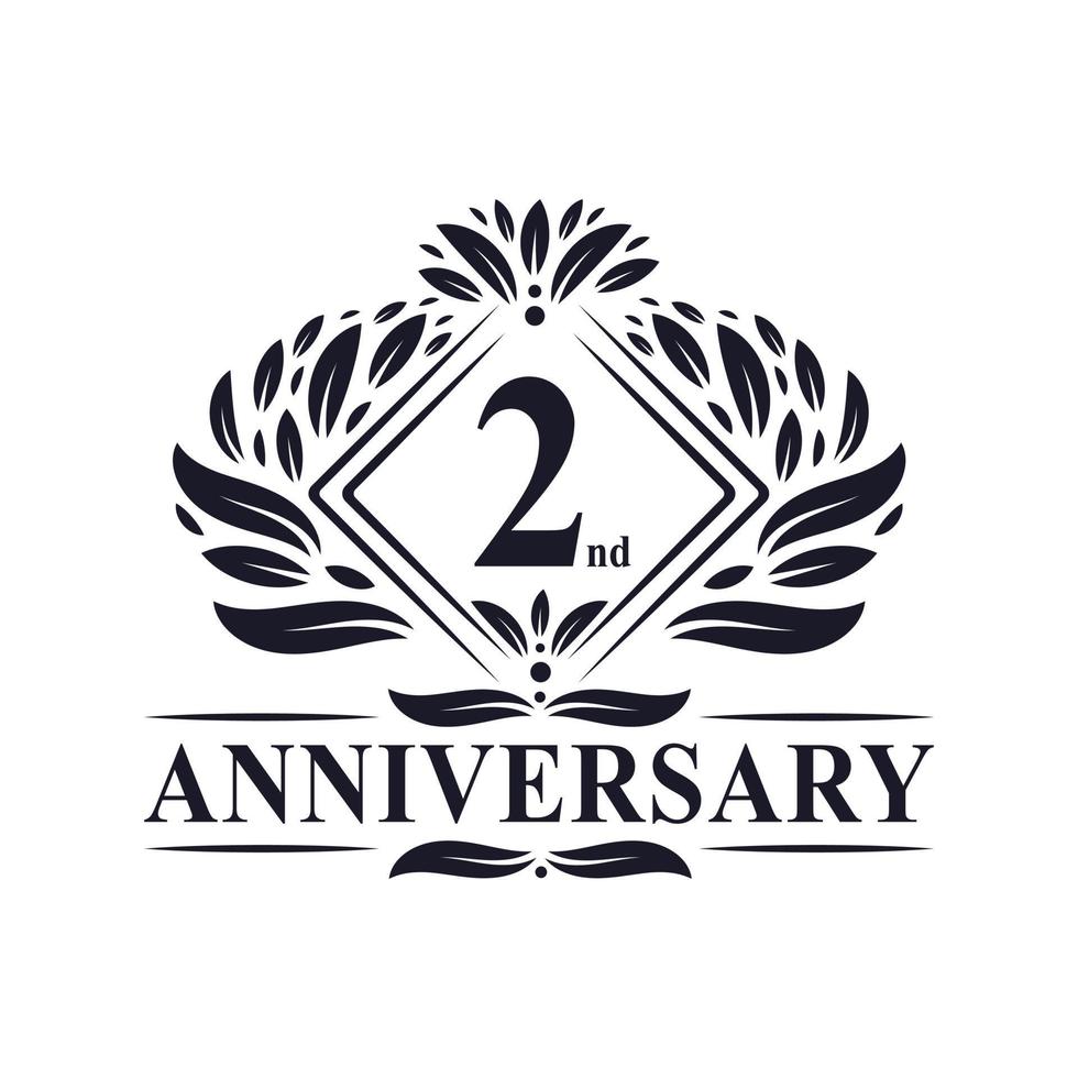 logotipo de aniversário de 2 anos, logotipo floral de 2º aniversário de luxo. vetor