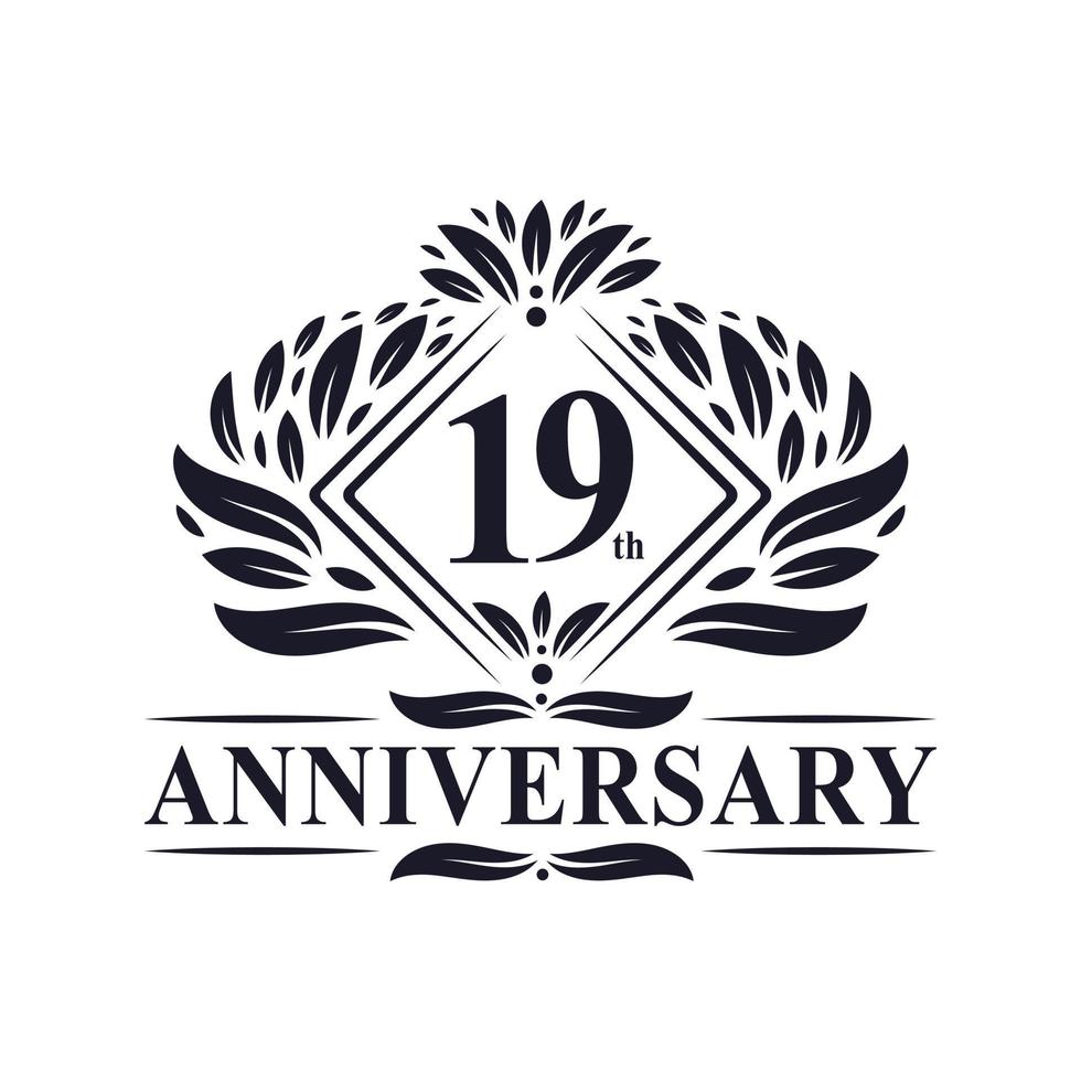 logotipo de aniversário de 19 anos, logotipo floral de 19º aniversário de luxo. vetor