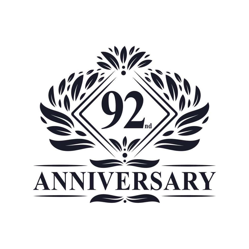 logotipo de aniversário de 92 anos, logotipo floral de 92º aniversário de luxo. vetor