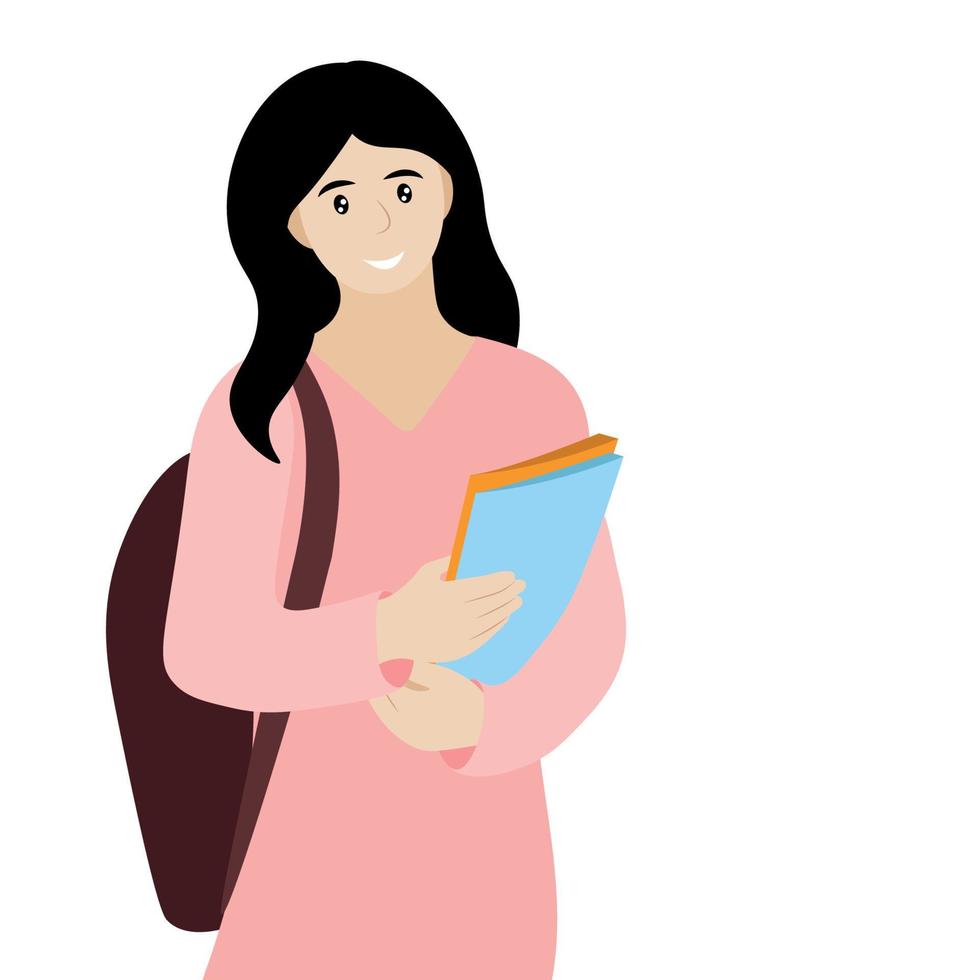 retrato de uma aluna com livros nas mãos, isolado em vetor branco, plano, uma garota em uma túnica rosa e com uma mochila