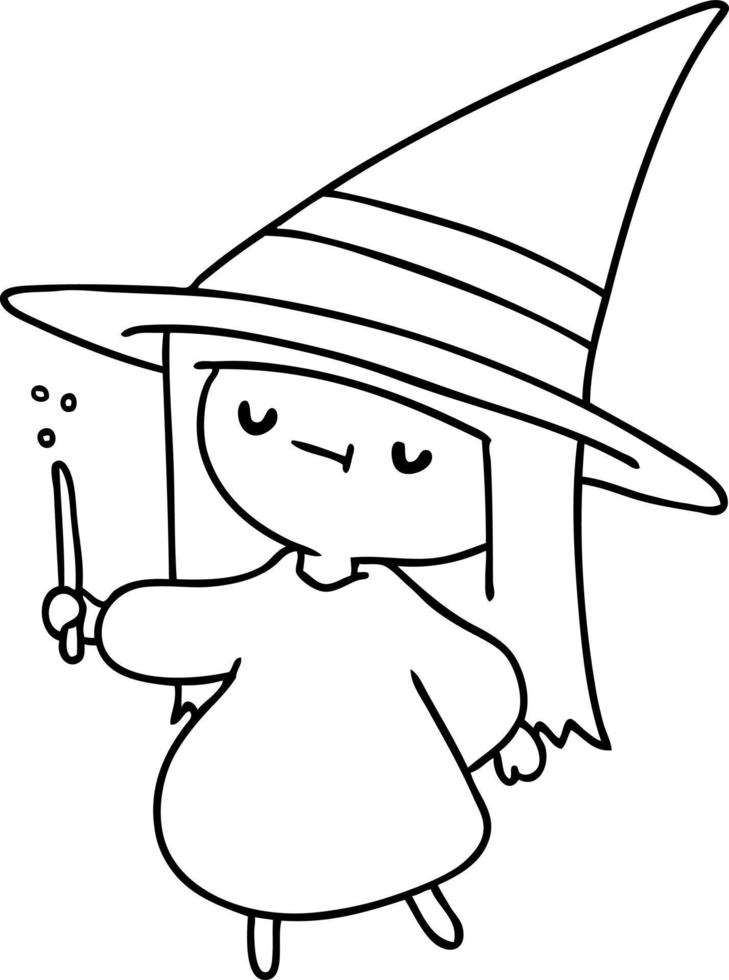 desenho de linha de uma linda bruxa kawaii vetor
