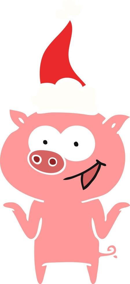 ilustração de cor plana de um porco sem preocupações usando chapéu de papai noel vetor