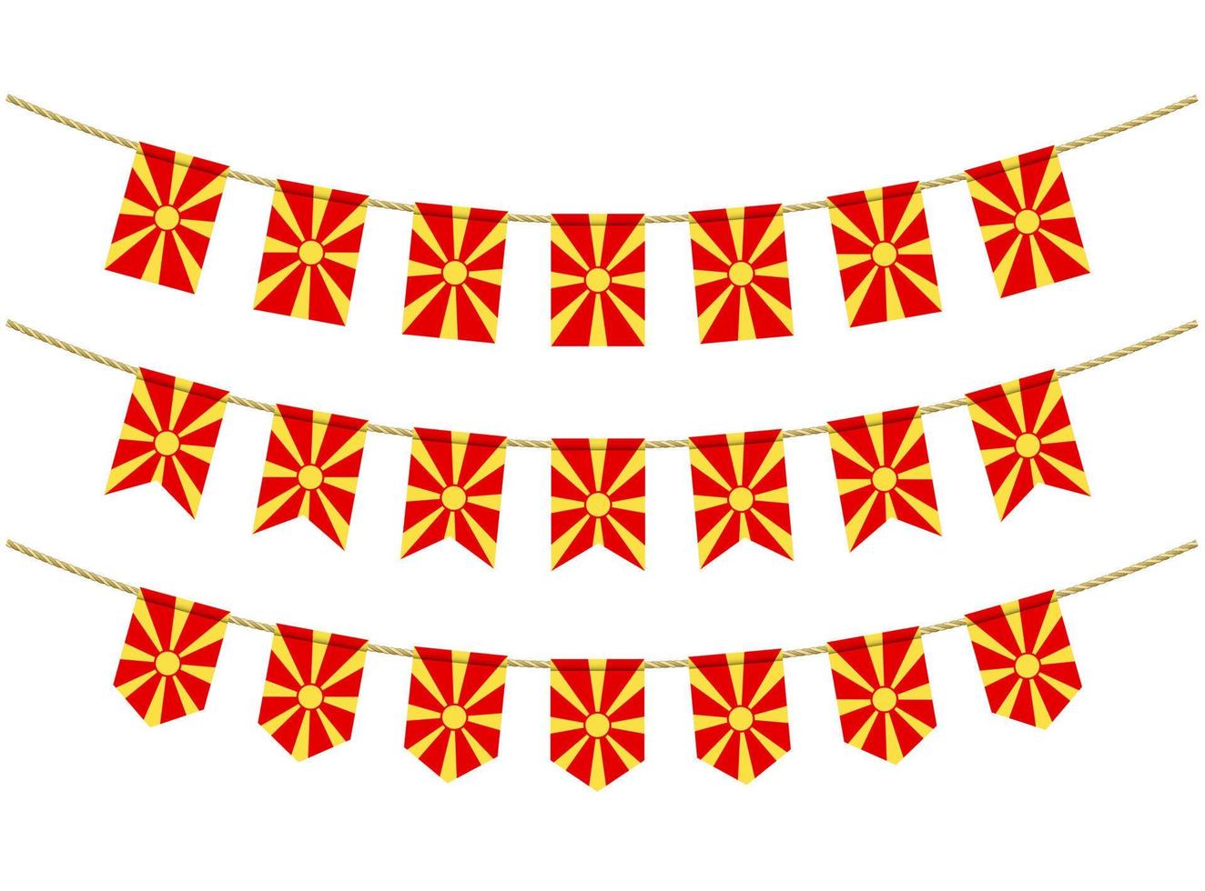 bandeira da macedônia nas cordas em fundo branco. conjunto de bandeiras de estamenha patriótica. decoração de estamenha da bandeira da macedônia vetor