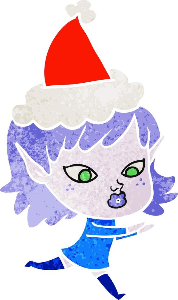 bonito desenho retrô de uma elfa usando chapéu de Papai Noel vetor