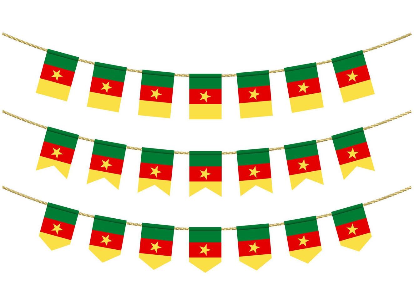 bandeira de camarões nas cordas em fundo branco. conjunto de bandeiras de estamenha patriótica. decoração de estamenha da bandeira de camarões vetor