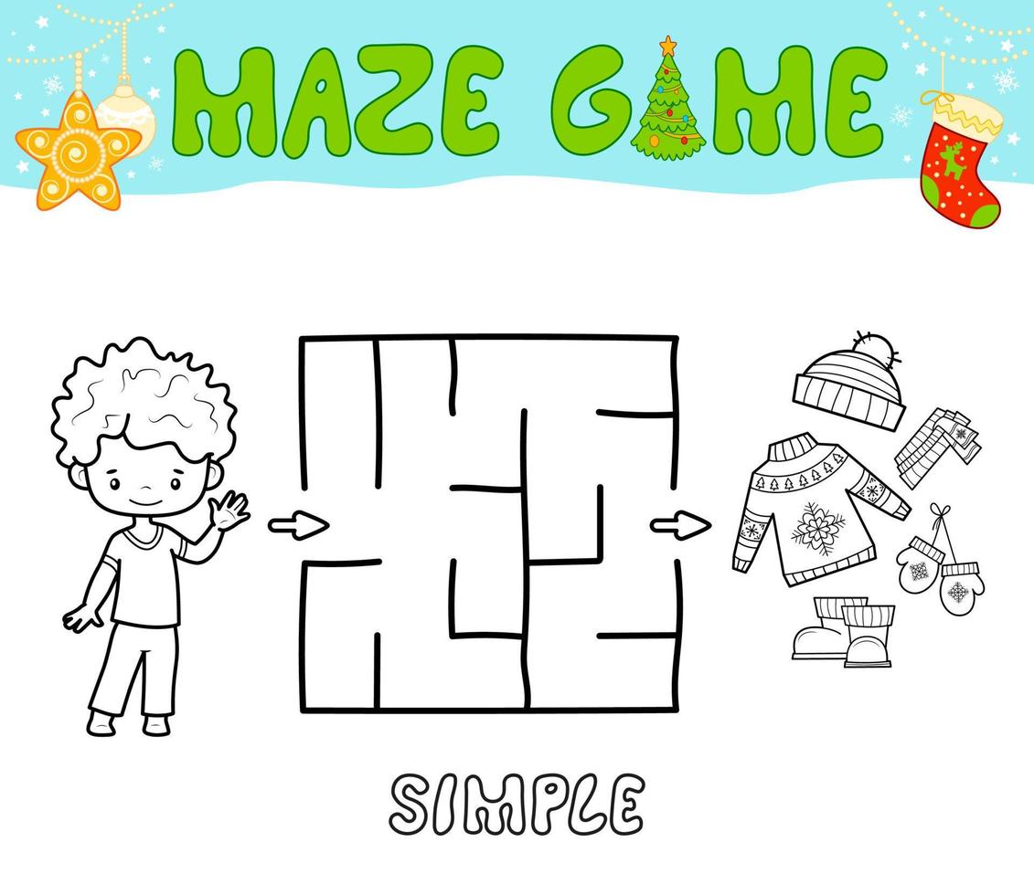 jogo de quebra-cabeça de labirinto de natal para crianças. labirinto de contorno simples ou jogo de labirinto com menino de natal. vetor