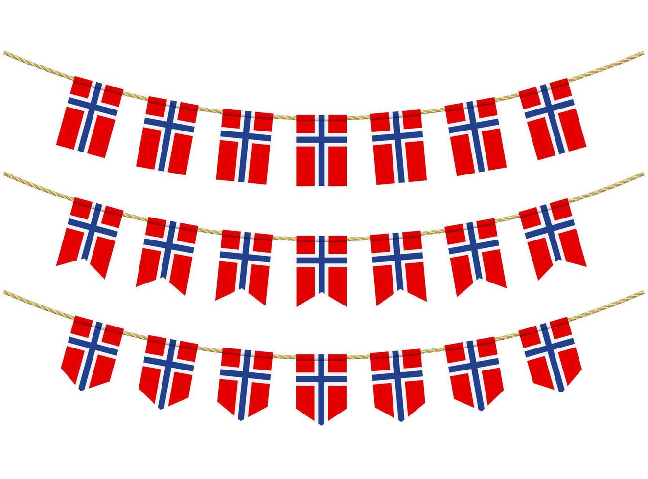 bandeira da noruega nas cordas em fundo branco. conjunto de bandeiras de estamenha patriótica. decoração de estamenha da bandeira da noruega vetor