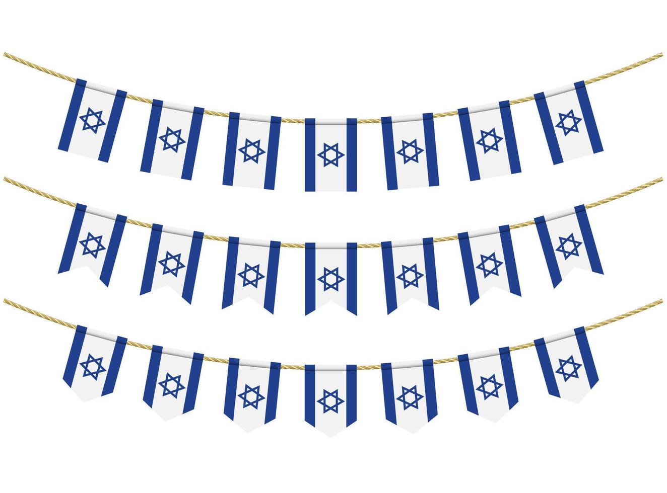 bandeira de israel nas cordas em fundo branco. conjunto de bandeiras de estamenha patriótica. decoração de estamenha da bandeira de israel vetor