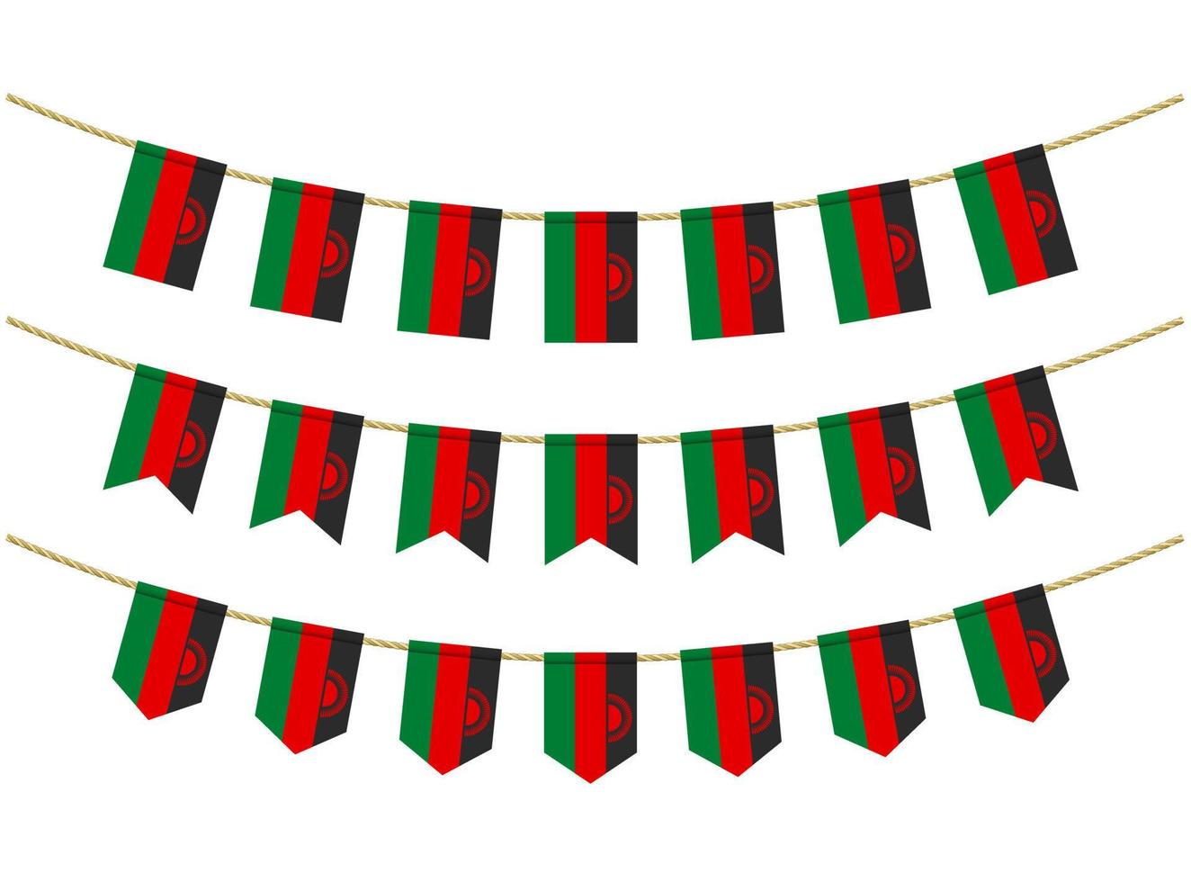 bandeira do malawi nas cordas em fundo branco. conjunto de bandeiras de estamenha patriótica. decoração de estamenha da bandeira do malawi vetor