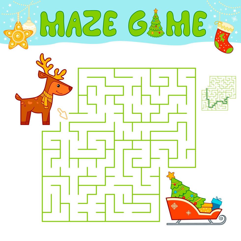 jogo de quebra-cabeça de labirinto de natal para crianças. jogo de labirinto ou labirinto com trenó e renas de natal. vetor