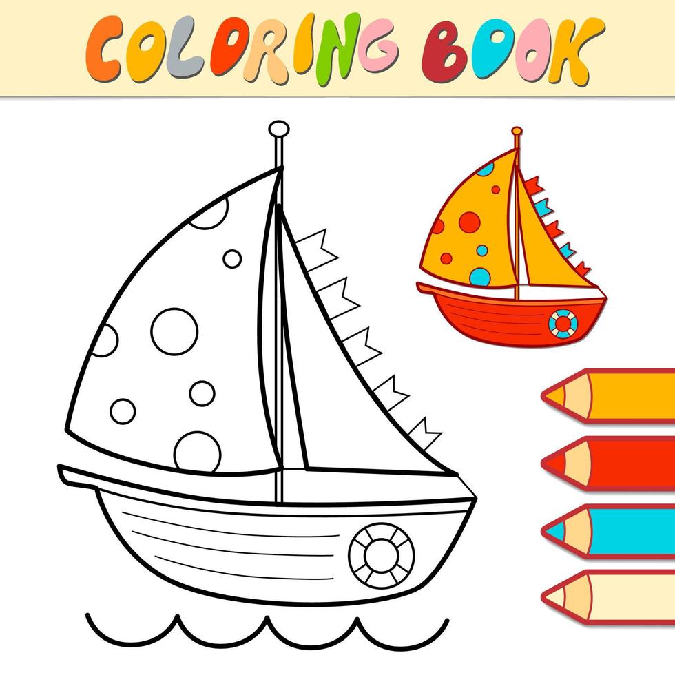 livro de colorir ou página para crianças. vetor de barco preto e branco