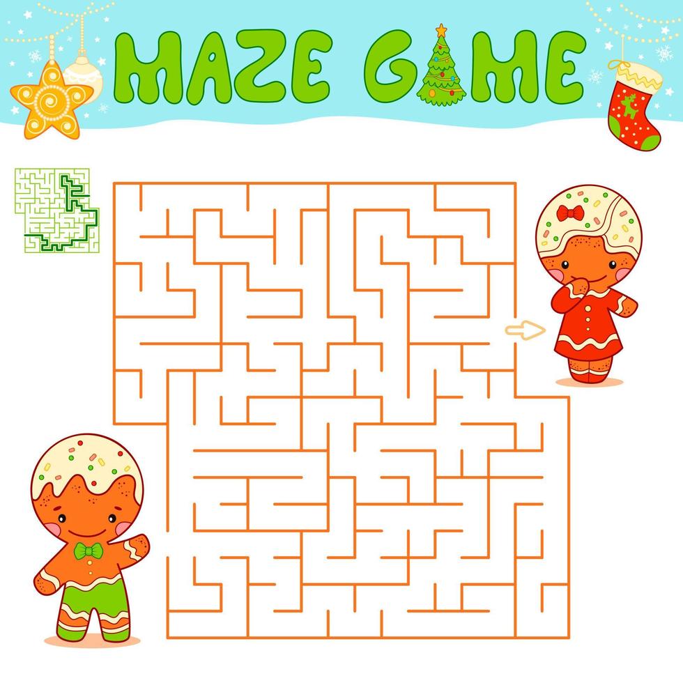 jogo de quebra-cabeça de labirinto de natal para crianças. jogo de labirinto ou labirinto com homem de gengibre de natal. vetor