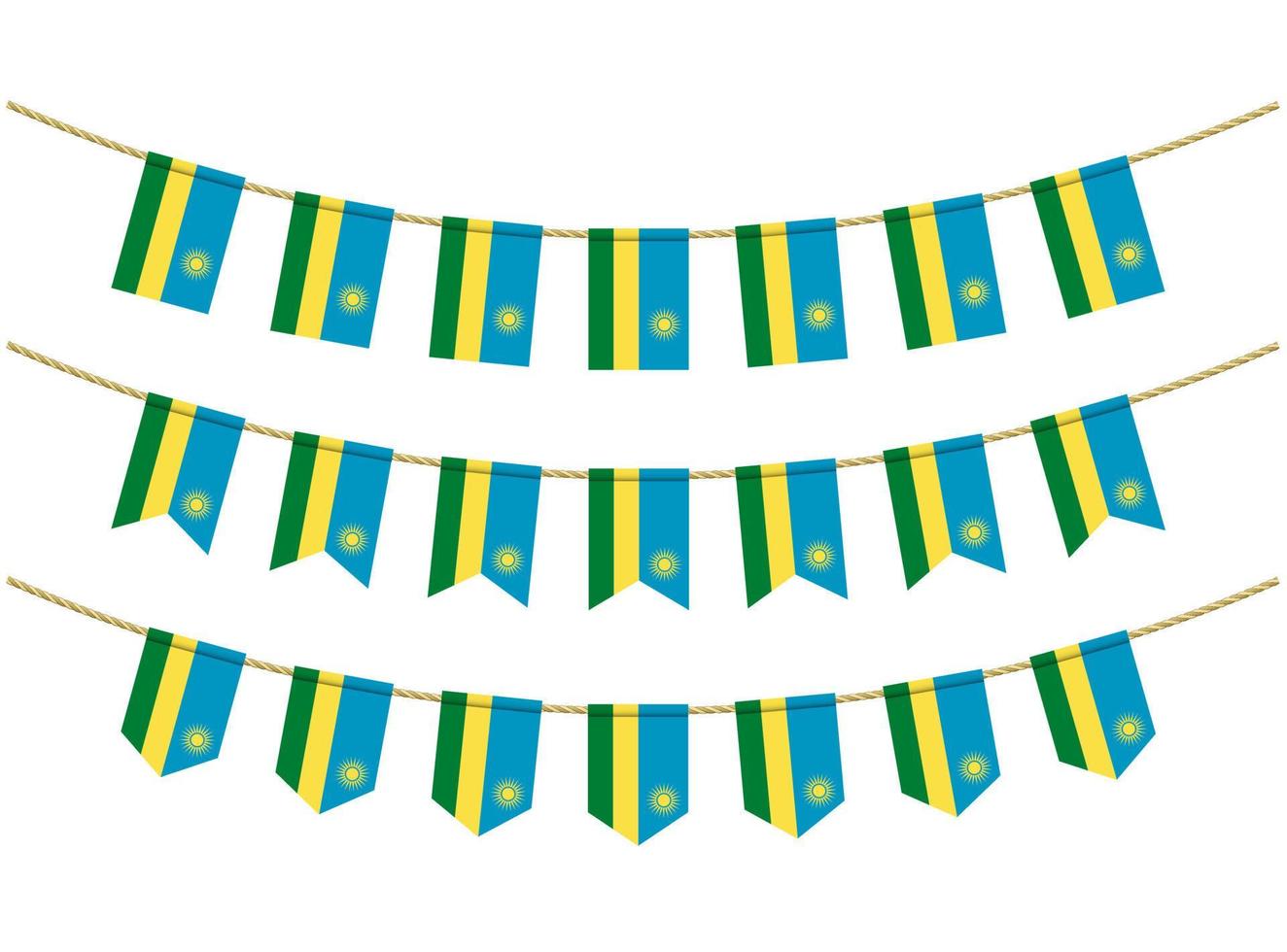 bandeira de Ruanda nas cordas em fundo branco. conjunto de bandeiras de estamenha patriótica. decoração de estamenha da bandeira de ruanda vetor