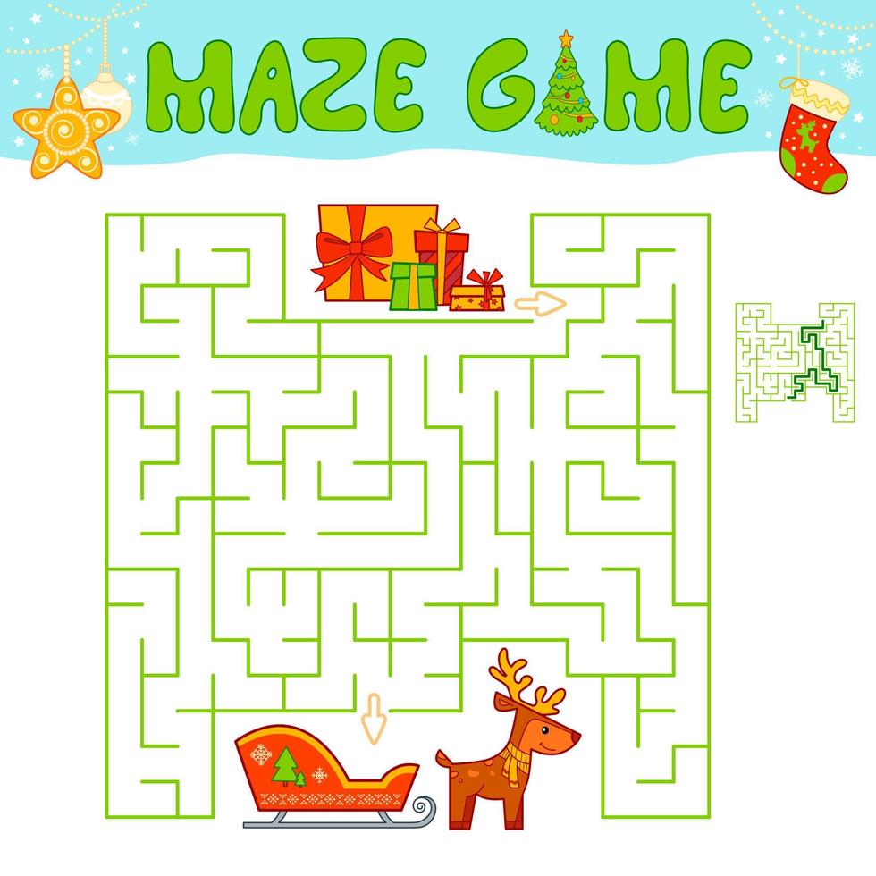 jogo de quebra-cabeça de labirinto de natal para crianças. labirinto ou jogo de labirinto com trenó de natal. vetor