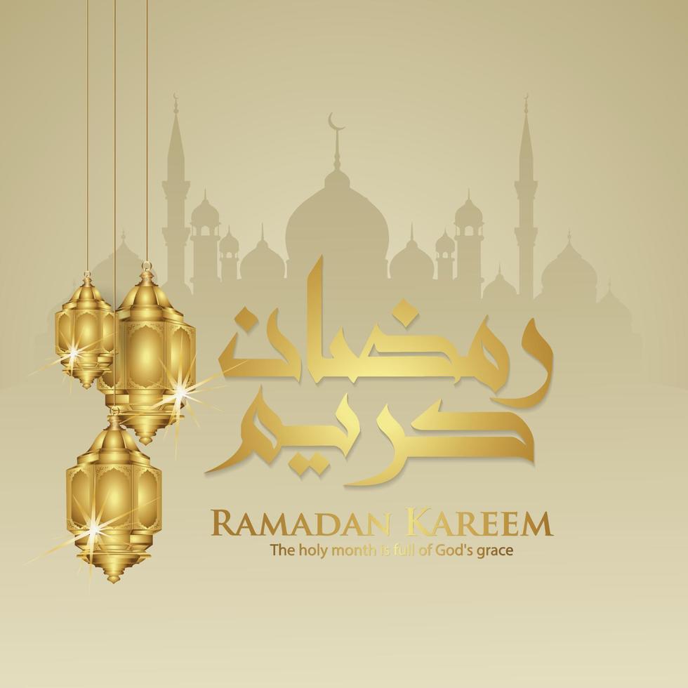projeto cartão momento ramadã com caligrafia árabe luxuosa, lua crescente, lanterna tradicional e modelo de fundo islâmico textura padrão de mesquita. vetor