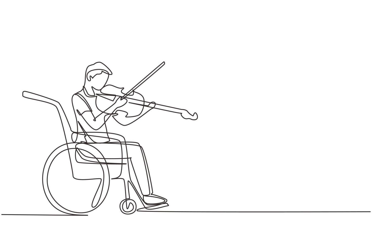 única deficiência de desenho de linha contínua e música. homem em cadeira de rodas toca violino. deficiente físico, ferido. pessoa no hospital. paciente do centro de reabilitação. vetor de design de desenho de uma linha