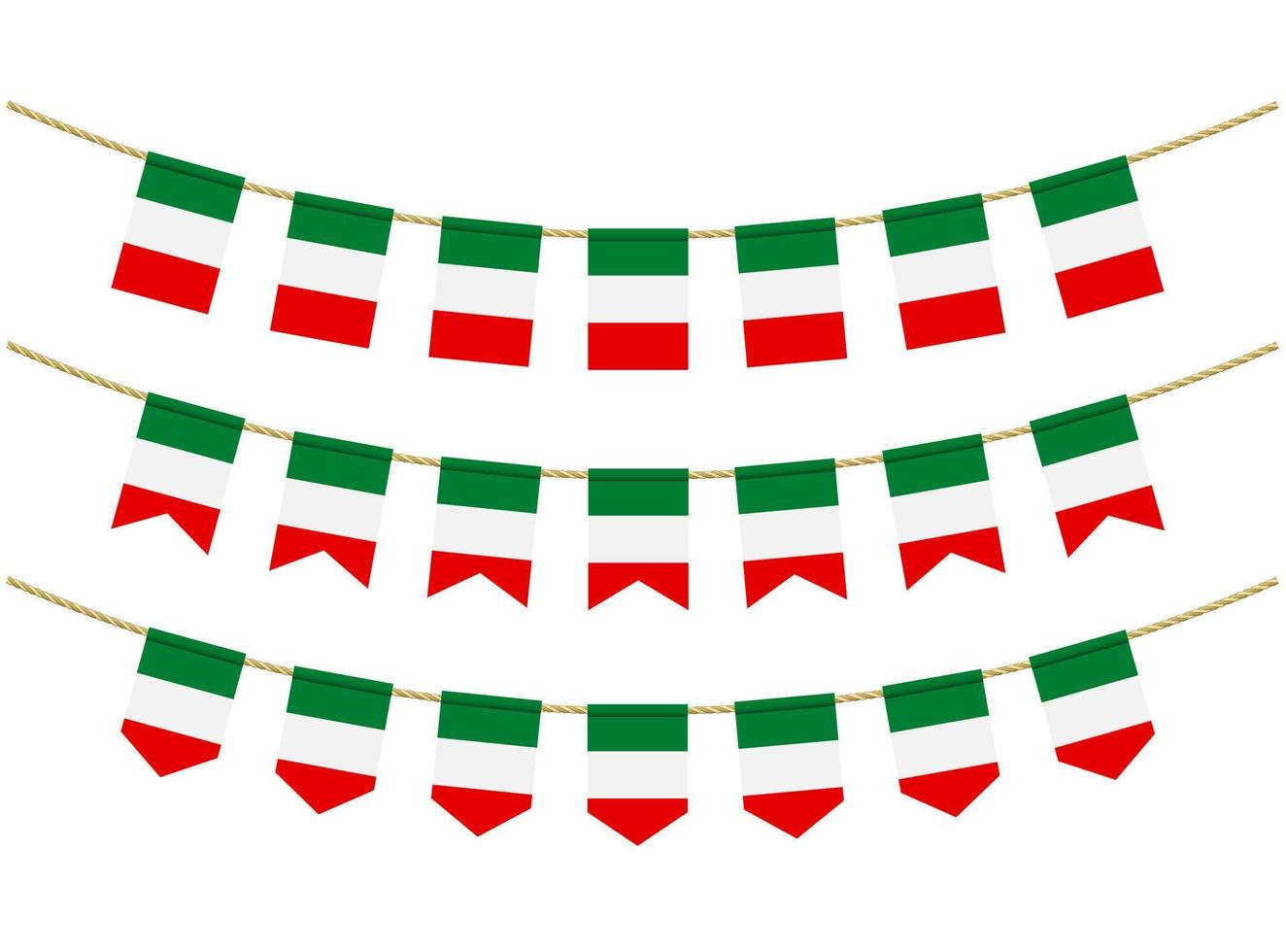 bandeira da itália nas cordas em fundo branco. conjunto de bandeiras de estamenha patriótica. decoração de estamenha da bandeira da itália vetor