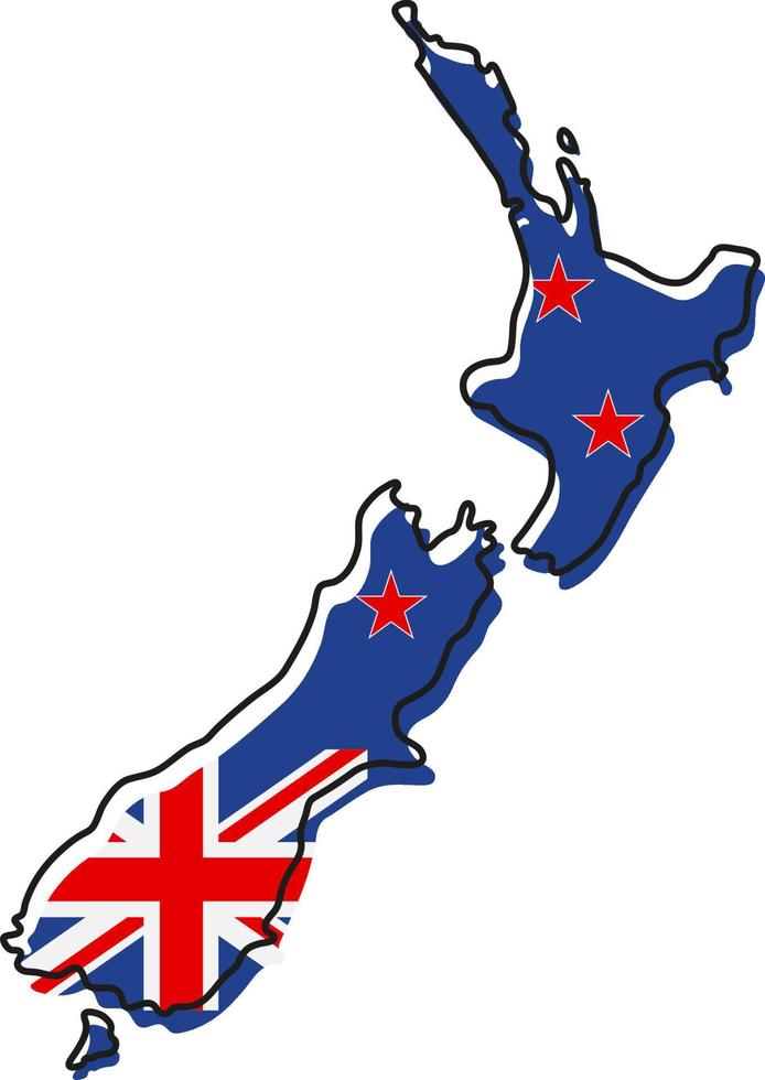 mapa de contorno estilizado da Nova Zelândia com o ícone da bandeira nacional. mapa de cores da bandeira da ilustração vetorial da Nova Zelândia. vetor