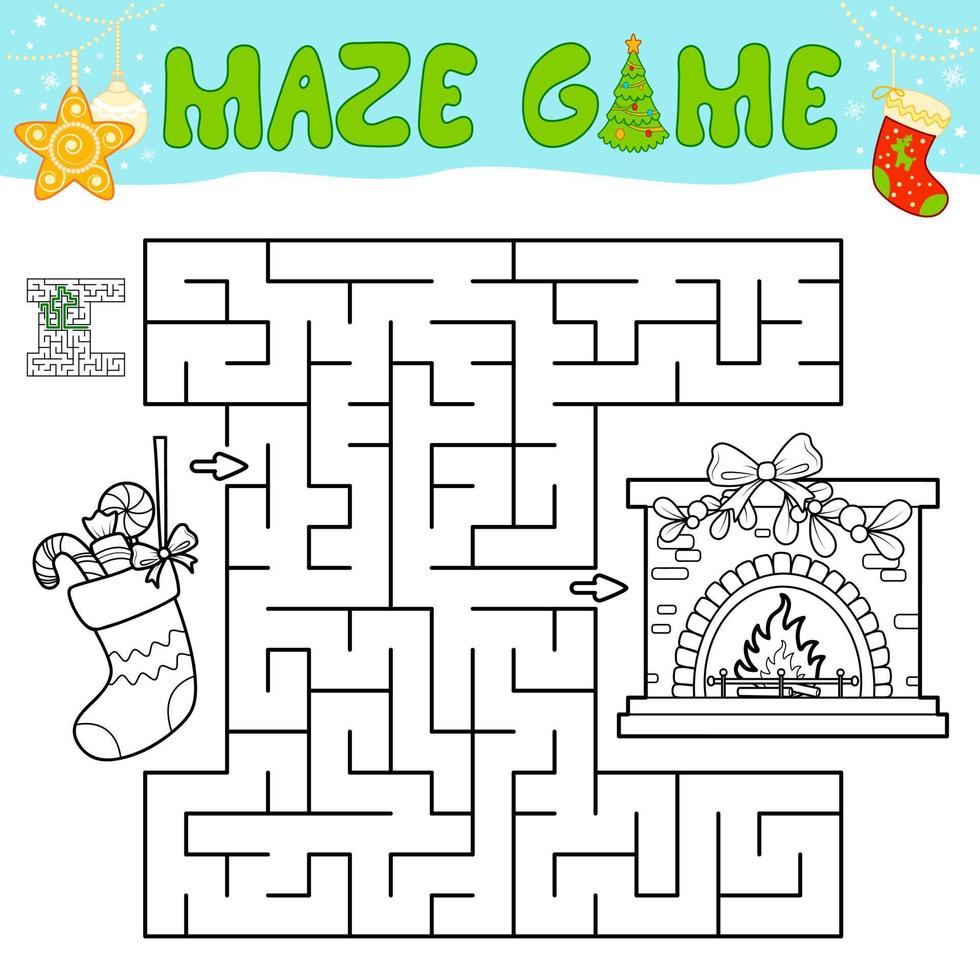 jogo de quebra-cabeça de labirinto de natal para crianças. delinear labirinto ou jogo de labirinto com meia de natal e lareira. vetor