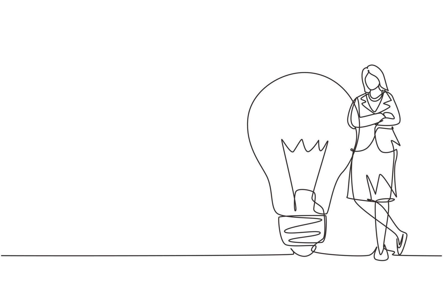 único desenho de uma linha empresária feliz apoiando-se na lâmpada gigante. pessoas de negócios têm ideias encostadas no símbolo da lâmpada é uma boa ideia. ilustração em vetor gráfico de desenho de linha contínua