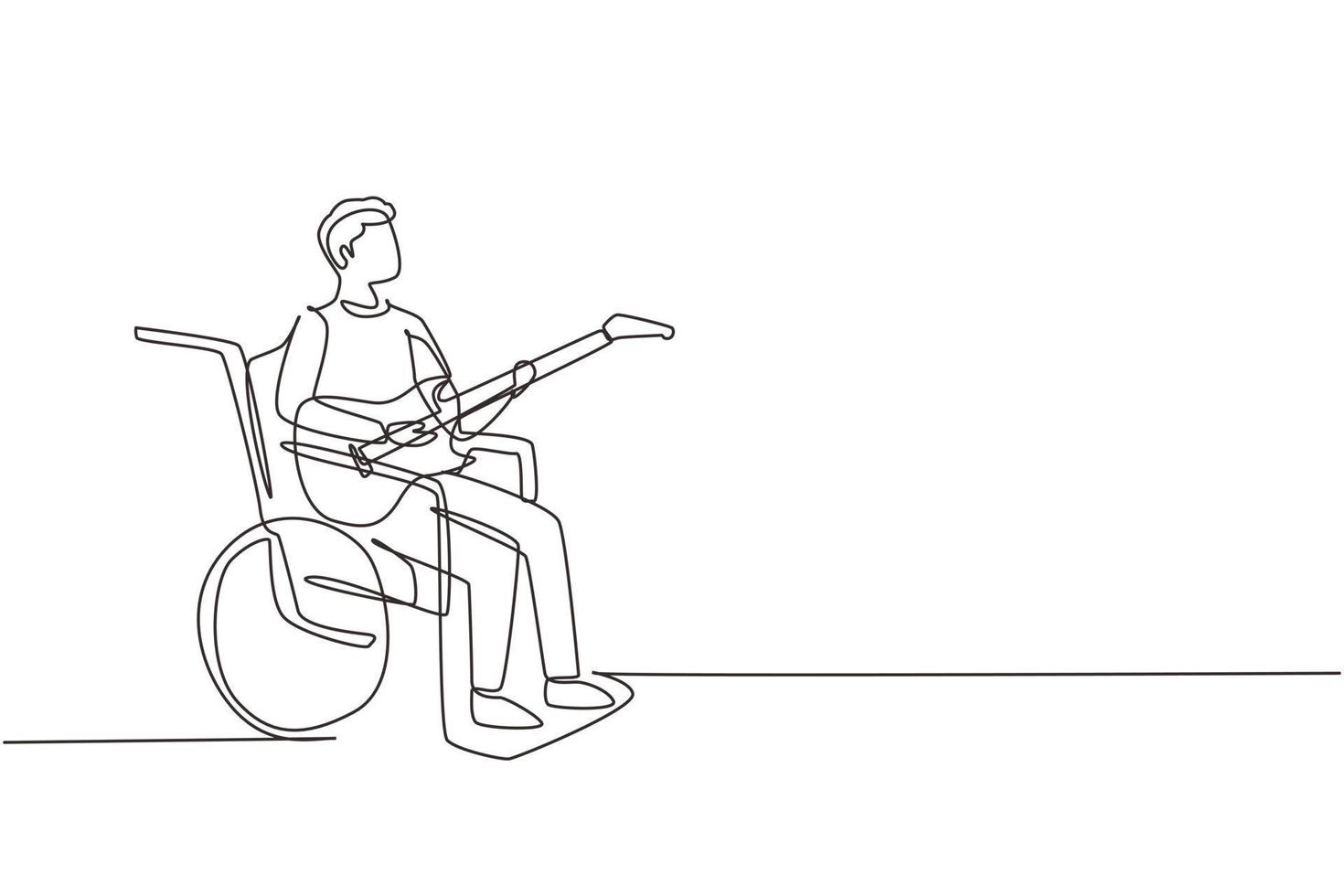 contínuo um desenho de linha masculino sente-se cadeira de rodas tocando guitarra elétrica, cante música. Deficiente físico. pessoa guitarrista na enfermaria do quarto de hospital. ilustração gráfica de vetor de desenho de linha única