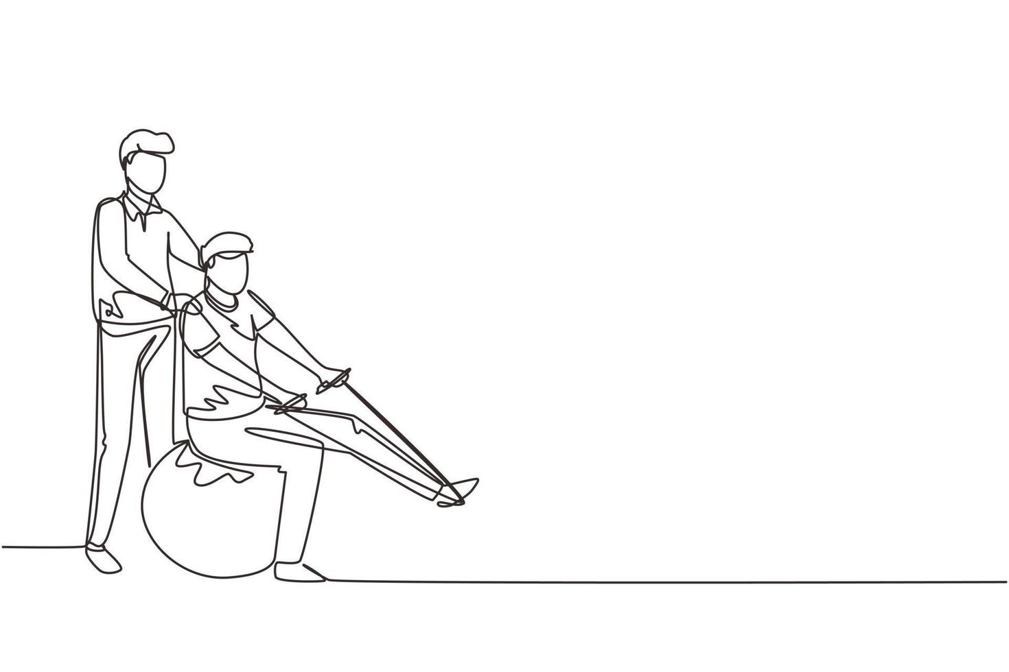 composição isométrica de reabilitação de fisioterapia de desenho de linha única com especialista médico ajudando paciente homem a massagear a perna com corda. ilustração em vetor design de desenho de linha contínua moderna