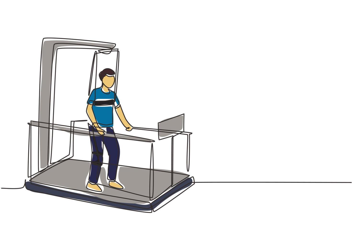 única composição isométrica de reabilitação de fisioterapia de desenho de linha com homem andando na máquina de corrida médica. conceito de saúde. ilustração em vetor gráfico de desenho de linha contínua