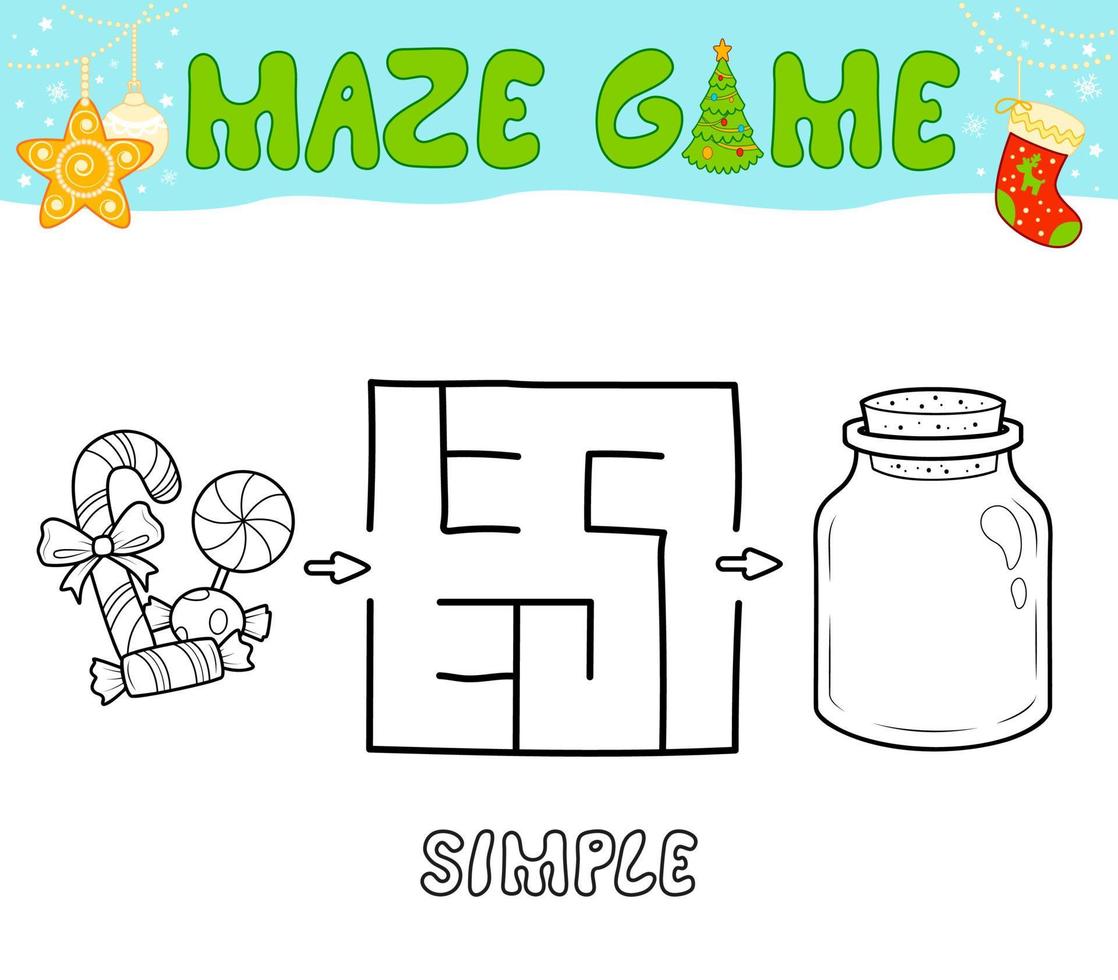 jogo de quebra-cabeça de labirinto de natal para crianças. labirinto de contorno simples ou jogo de labirinto com doces de natal. vetor