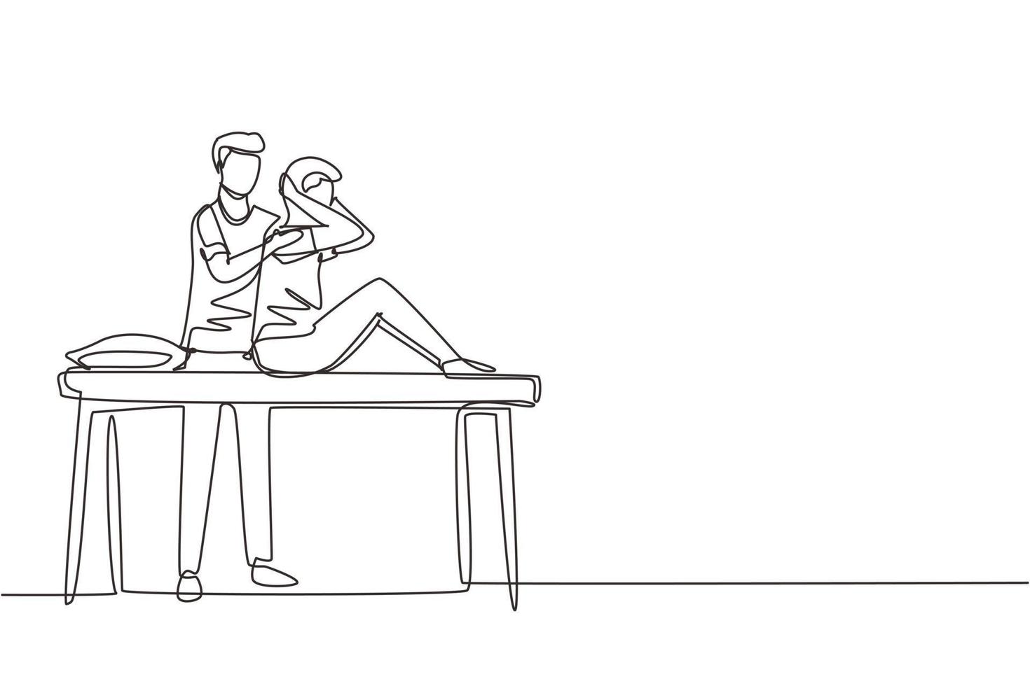 único homem de desenho de linha sentado na mesa de massagem massagista fazendo tratamento de cura massageando reabilitação de fisioterapia manual de paciente ferido. ilustração em vetor design de desenho de linha contínua