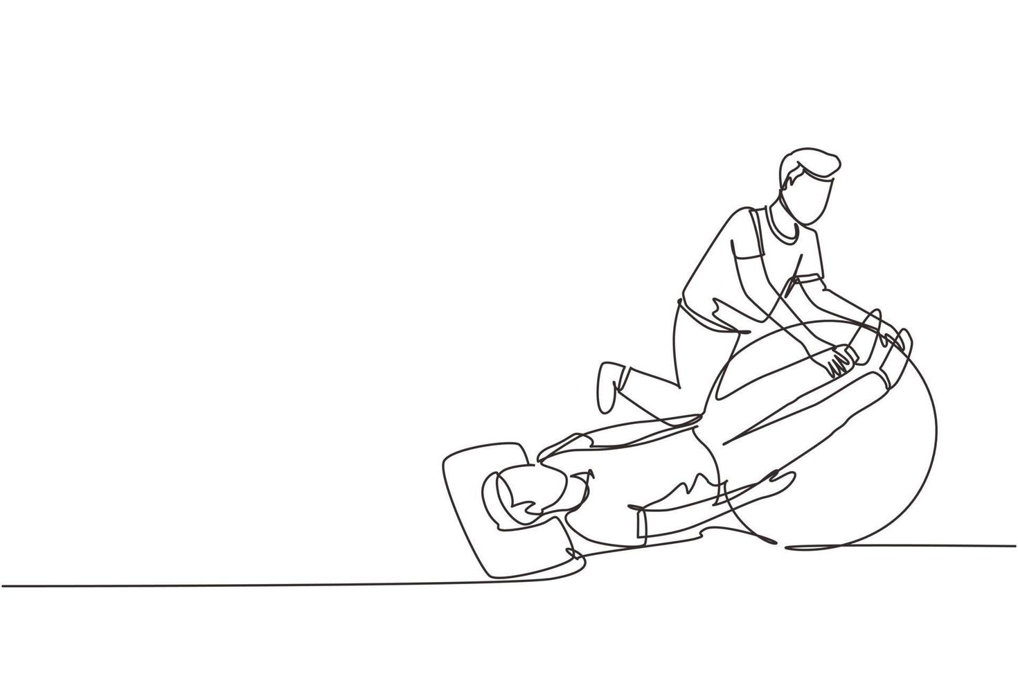 composição isométrica de reabilitação de fisioterapia de desenho de linha contínua única com macho deitado na esteira, pernas na bola de borracha com assistente médico. conceito de saúde. vetor de design de desenho de uma linha