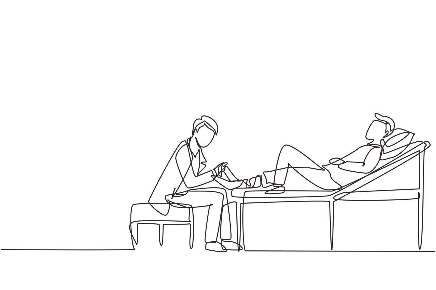 único desenho de linha contínua médico curativo perna quebrada para paciente do sexo masculino sentado no sofá. homem chateado com gesso no tornozelo no quarto de hospital. trauma, saúde, terapia. vetor de design de desenho de uma linha