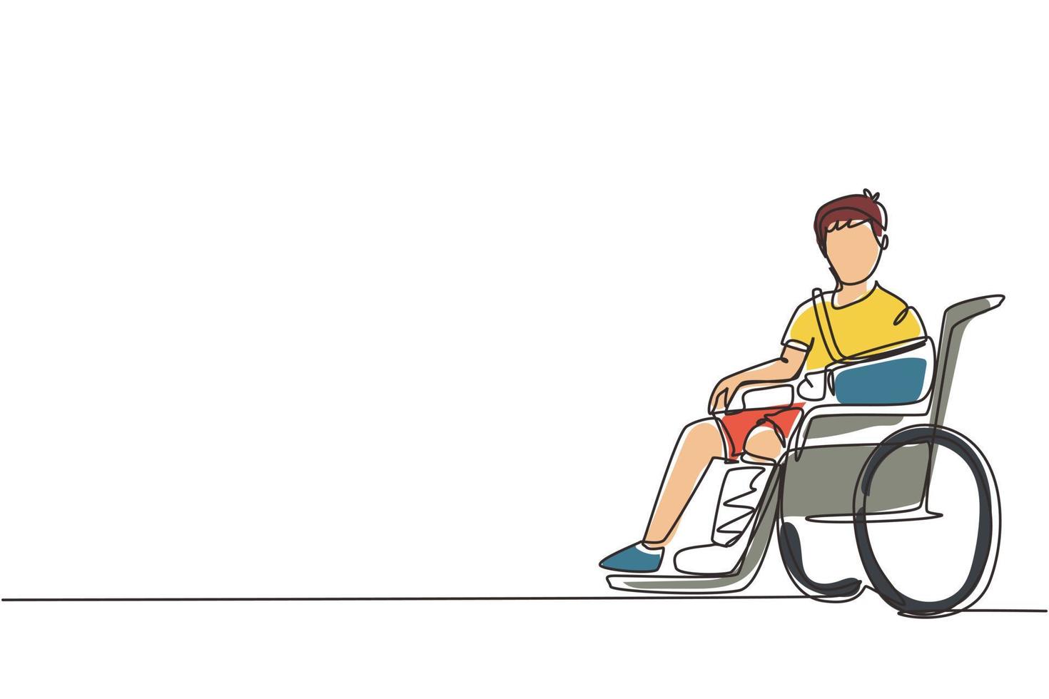 uma linha contínua desenhando menino chateado ferido em gesso ou gesso, sentado na cadeira de rodas sofrendo de dor. acidente na perna. menino ferido. ilustração gráfica de vetor de desenho de linha única