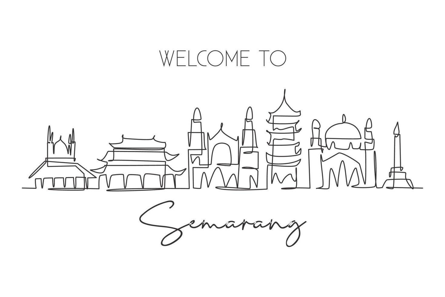 único desenho de linha contínua do horizonte da cidade de semarang, central java indonésia. cidade famosa para impressão de decoração de parede. conceito de viagens pelo mundo. curso editável moderno desenho de uma linha desenho ilustração vetorial vetor