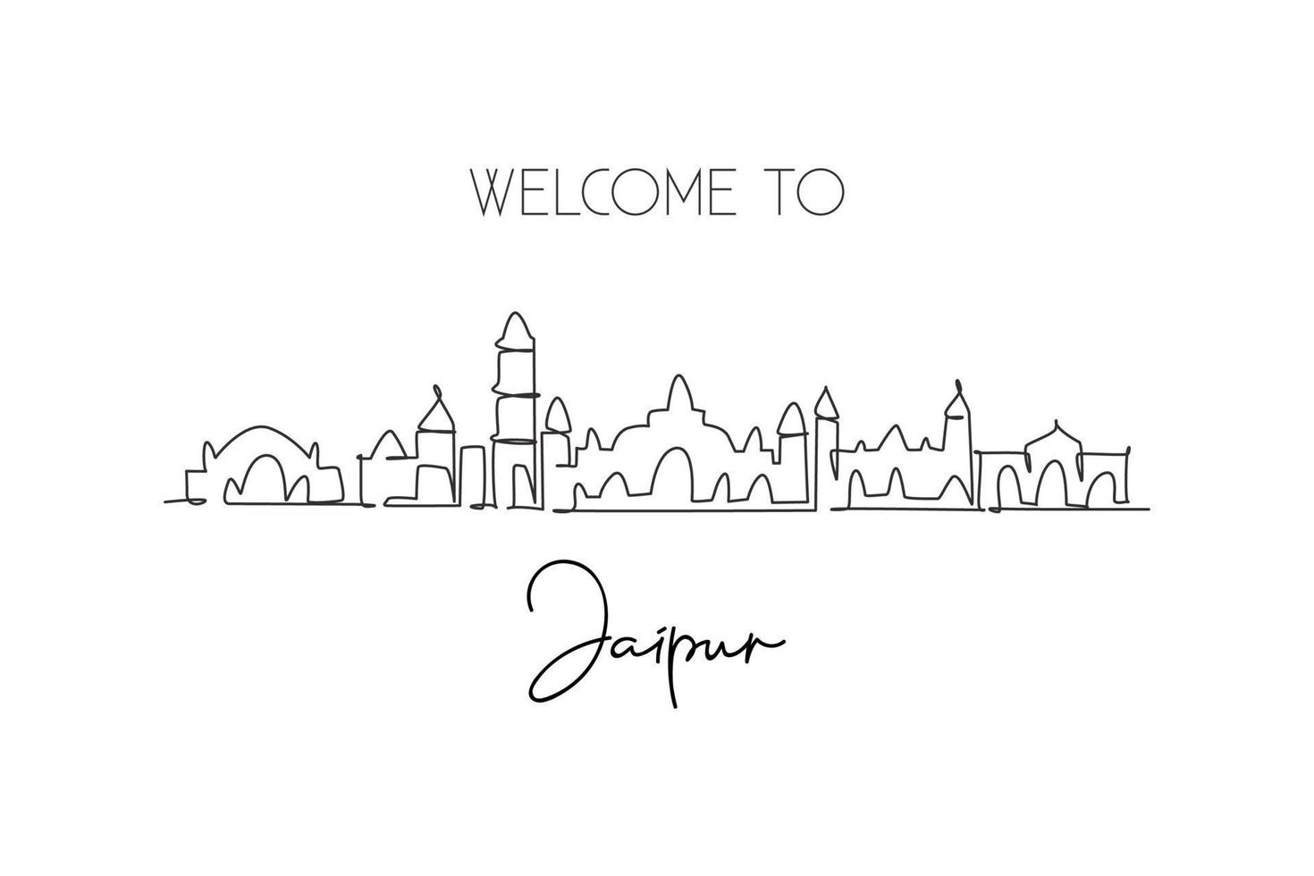 único desenho de linha contínua do horizonte da cidade de jaipur, índia. famosa paisagem de raspador de cidade. conceito de impressão de pôster de arte de decoração de parede de viagem pelo mundo. ilustração em vetor design de desenho de uma linha moderna