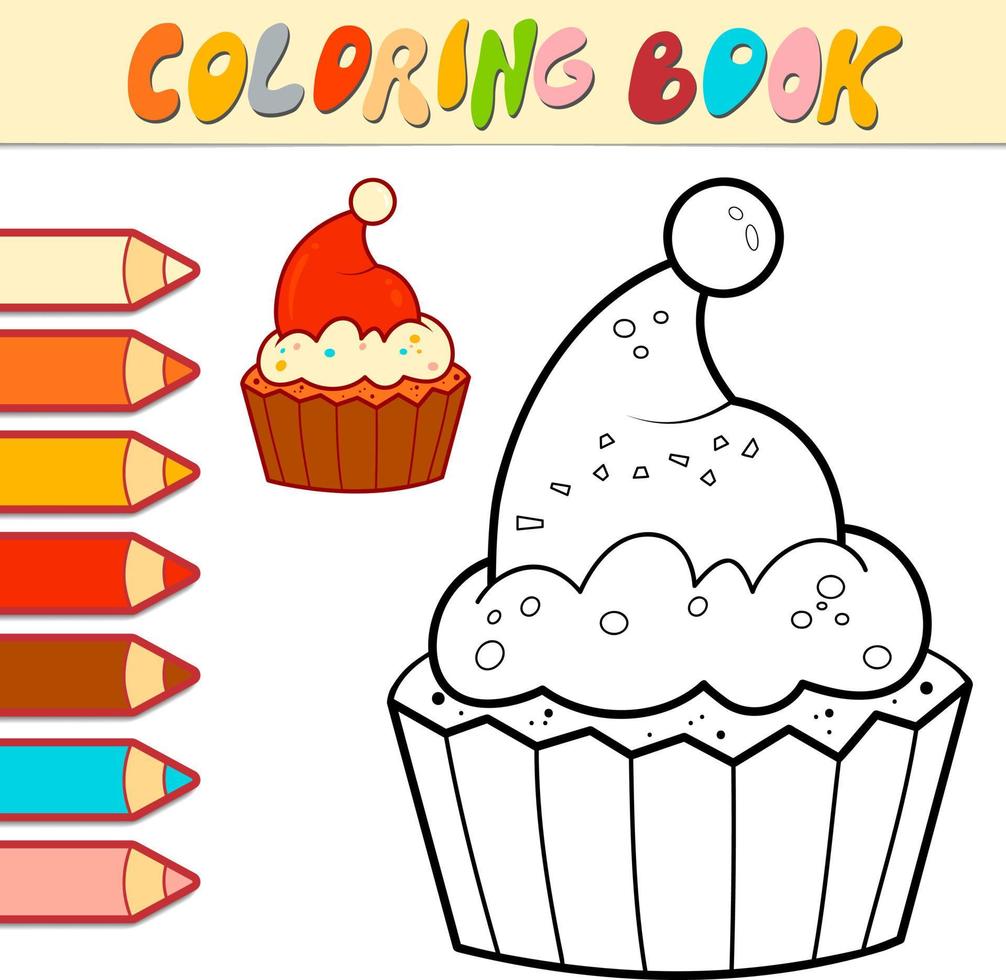 livro para colorir ou página para crianças. ilustração em vetor preto e branco de cupcake de natal