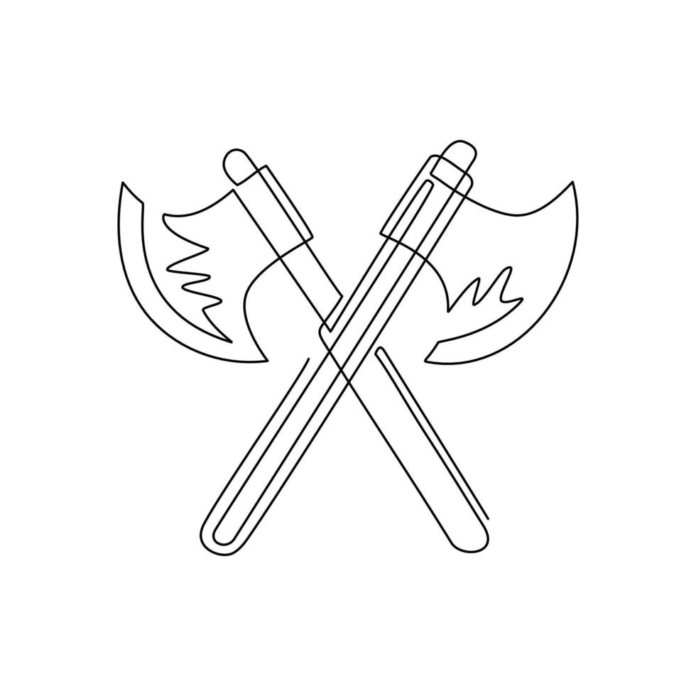 único ícone cruzado de eixos de lenhador de desenho de uma linha. eixos cruzados isolados no fundo branco. elemento de design para logotipo, etiqueta, emblema, sinal, pôster. ilustração em vetor de desenho de linha contínua moderna