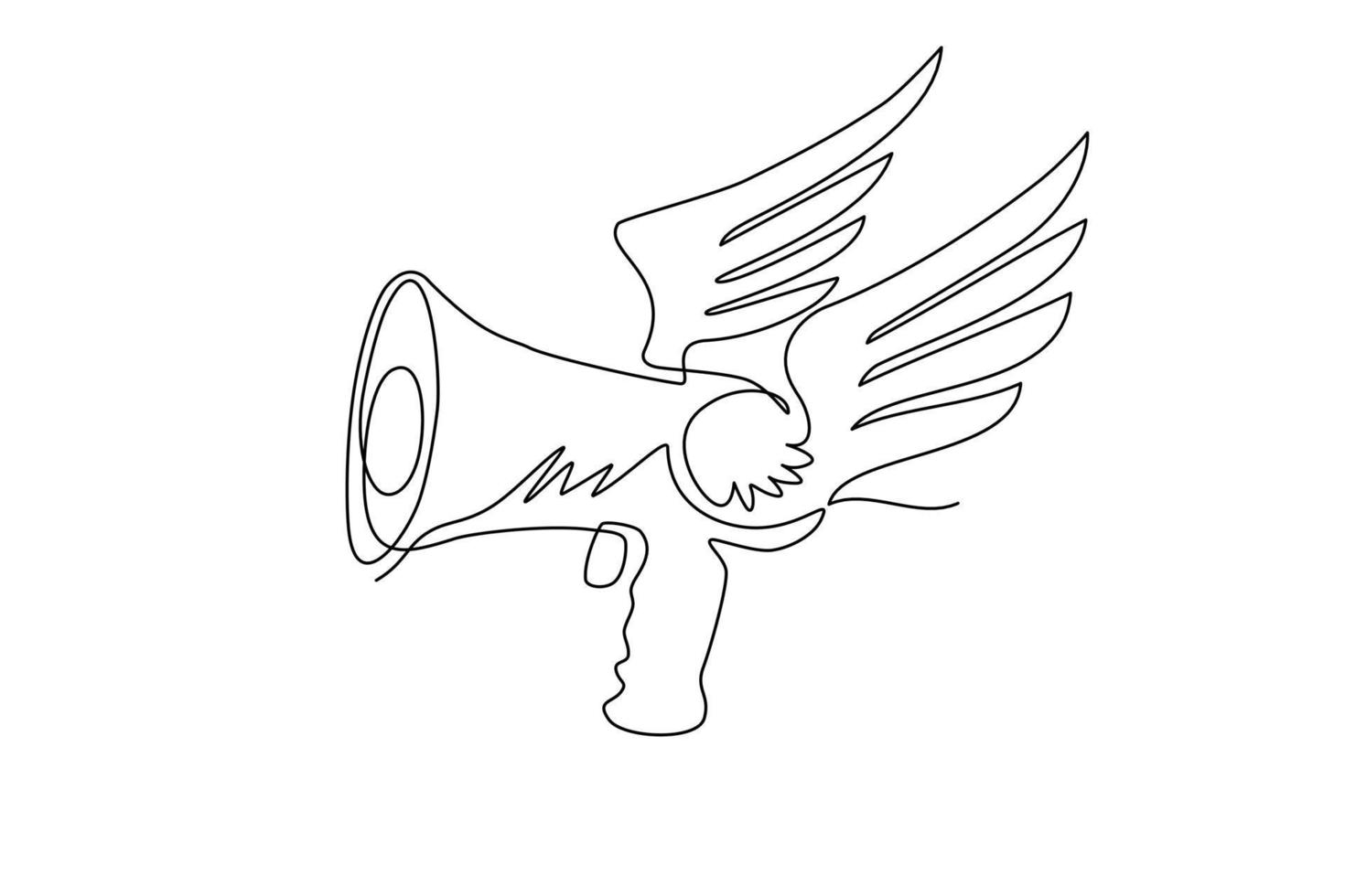 contínuo um megafone de desenho de linha com asas está voando. logotipo alado composto com equipamento de megafone. revolução proletária, propaganda política. ilustração vetorial de desenho de linha única vetor