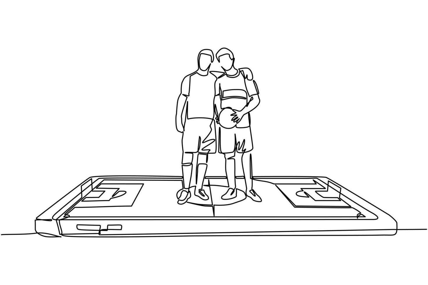 única linha contínua desenhando dois jogadores de futebol se abraçam na  superfície do smartphone. futebol de