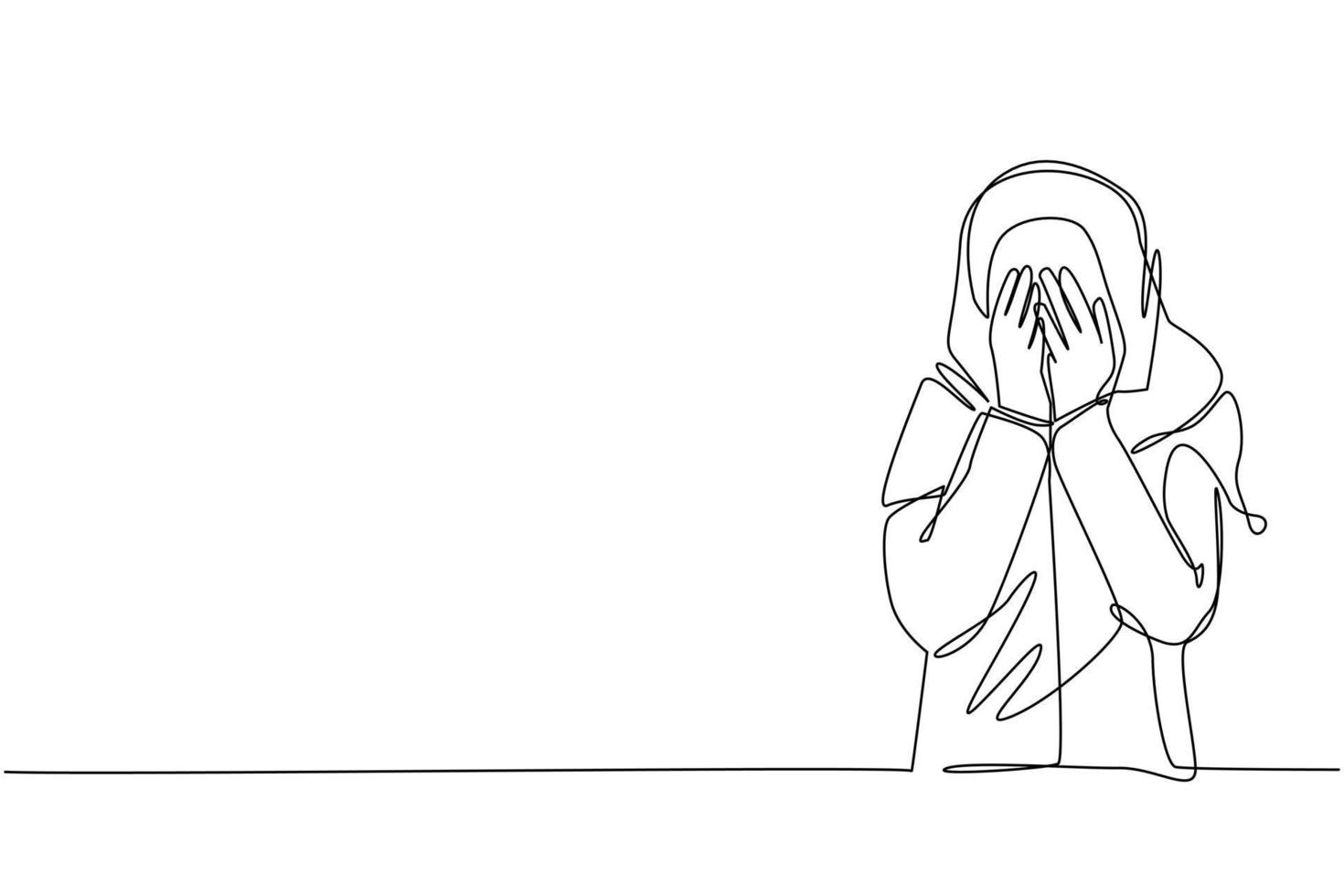 única linha contínua desenho jovem árabe fecha os olhos com as mãos por causa de desgosto e relutância em ver algo, medo ou tristeza. uma linha desenhar ilustração em vetor design gráfico